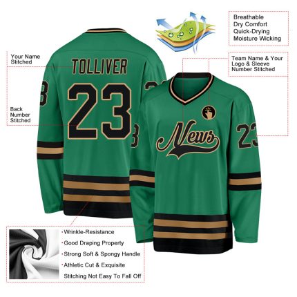 Custom Hockey Jersey with Personalized Name & Number in Kelly Green, Black, Old Gold - Ideal Team Sportswear Personalized