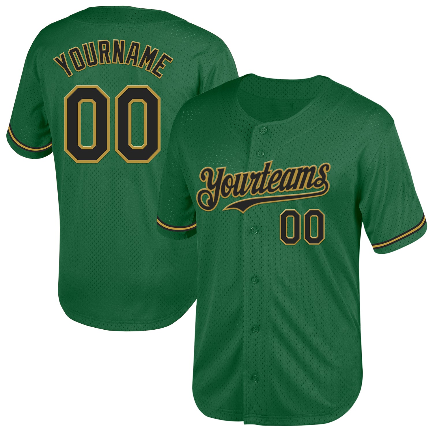 Custom Name Number Throwback Baseball Jersey - Kelly Green Black Old Gold Mesh Authentic Team Jersey Personalized Kelly Green