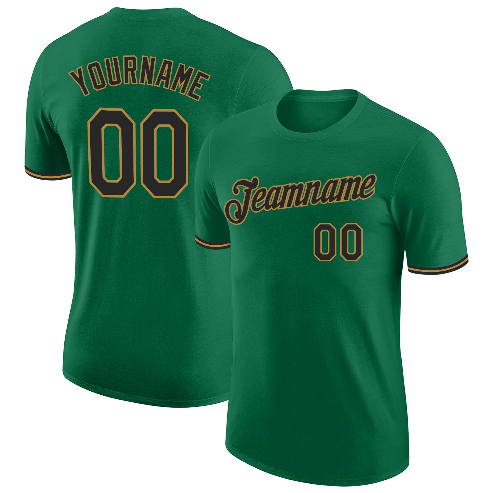 Custom Name and Number Performance T-Shirt in Kelly Green, Black, and Old Gold - Personalized Team Apparel Personalized Kelly
