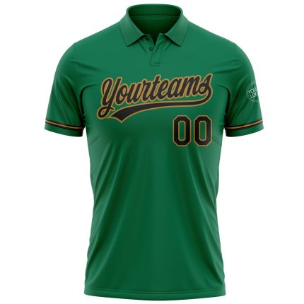 Custom Team Name Number Performance Golf Polo Shirt - Kelly Green Black Old Gold Personalized Kelly Green Black-Old Gold