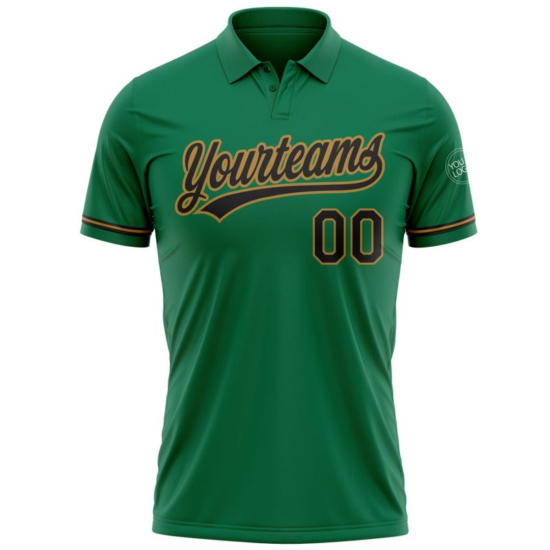 Custom Team Name Number Performance Golf Polo Shirt - Kelly Green Black Old Gold Personalized Kelly Green Black-Old Gold