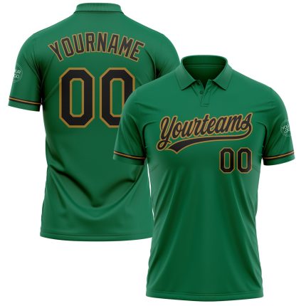 Custom Team Name Number Performance Golf Polo Shirt - Kelly Green Black Old Gold Personalized Kelly Green Black-Old Gold