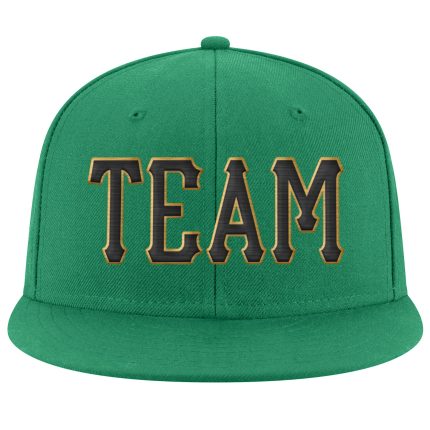 Custom Team Name Number Adjustable Snapback Hat - Kelly Green Black-Old Gold Stitched Design Personalized Kelly Green Black-Old