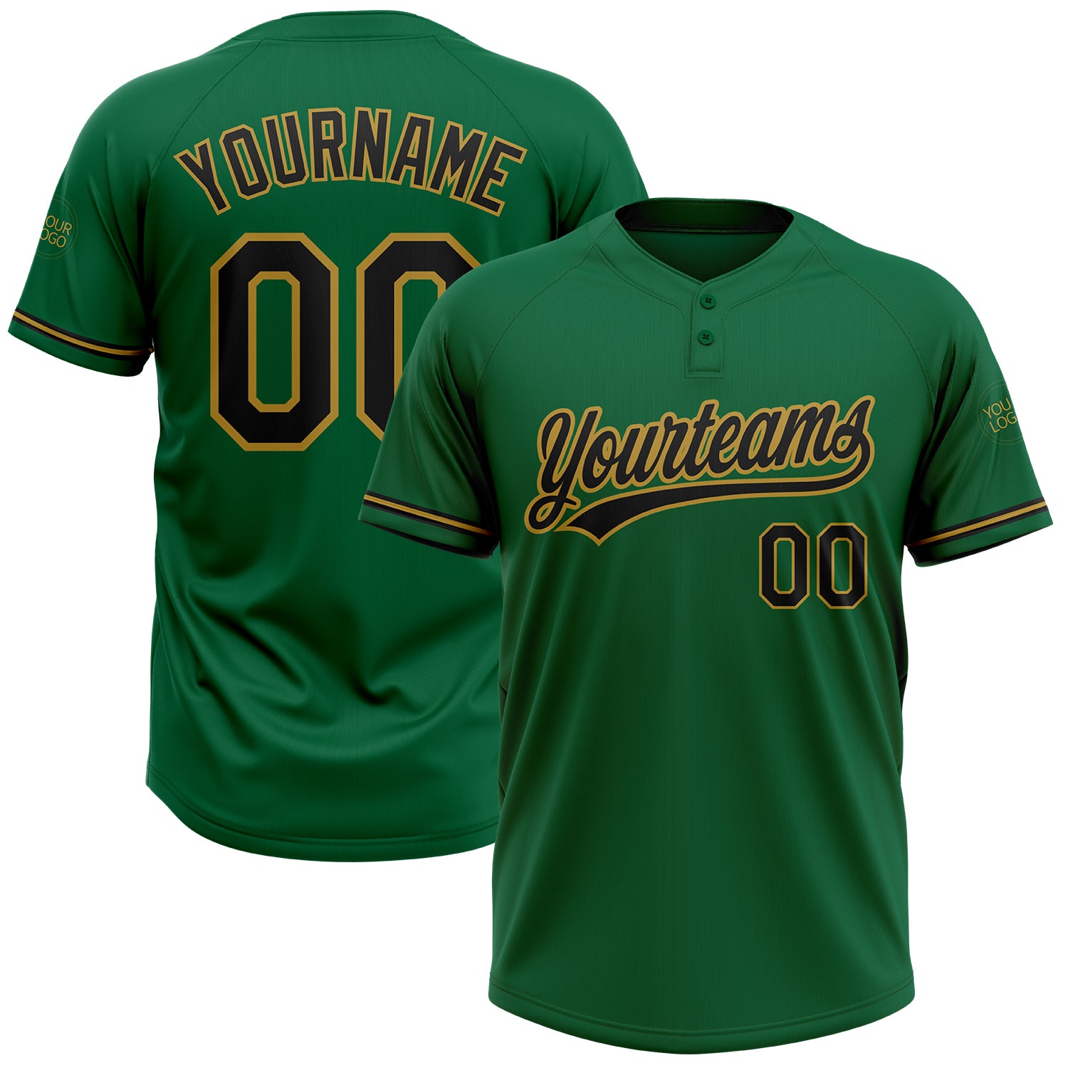 Custom Name and Number Two-Button Unisex Softball Jersey - Personalized Kelly Green and Black-Old Gold Personalized Kelly