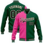 Custom Personalized Varsity Letterman Jacket - Kelly Green Black Pink-Cream Bomber with Team Name and Number Personalized