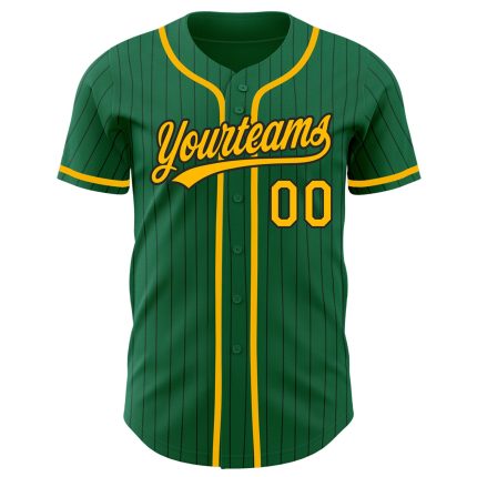 Custom Name and Number Authentic Baseball Jersey in Kelly Green with Black Pinstripes and Gold Accents - Personalized Team Apparel