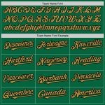 Custom Name and Number Kelly Green Black Pinstripe Unisex Softball Jersey - Two-Button Old Gold Design Personalized Kelly