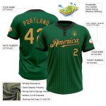 Custom Name and Number Kelly Green Black Pinstripe Unisex Softball Jersey - Two-Button Old Gold Design Personalized Kelly