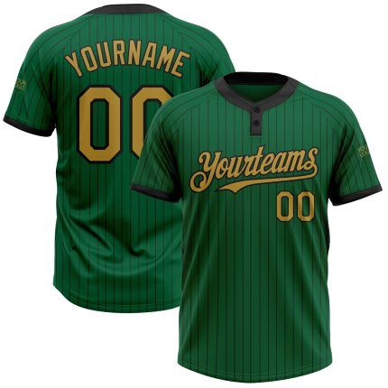 Custom Name and Number Kelly Green Black Pinstripe Unisex Softball Jersey - Two-Button Old Gold Design Personalized Kelly