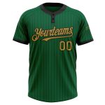 Custom Name and Number Kelly Green Black Pinstripe Unisex Softball Jersey - Two-Button Old Gold Design Personalized Kelly