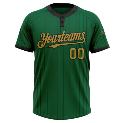 Custom Name and Number Kelly Green Black Pinstripe Unisex Softball Jersey - Two-Button Old Gold Design Personalized Kelly