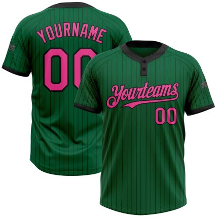 Custom Name and Number Unisex Softball Jersey - Kelly Green with Black Pinstripe and Pink Two-Button Design Personalized