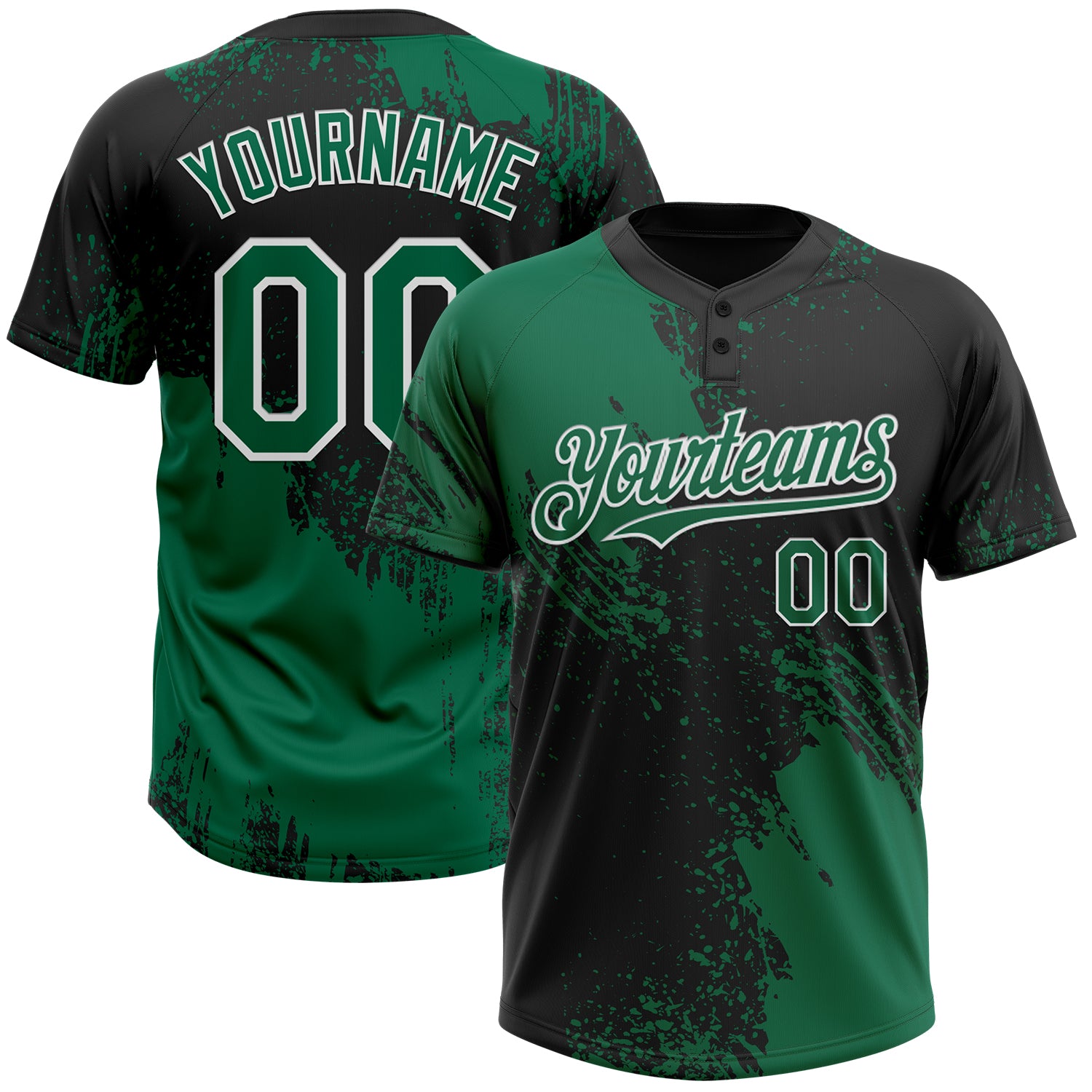 Custom Softball Jersey with Personalized Name & Number, Unisex, 3D Pattern, Kelly Green & Black-White Brush Stroke Design