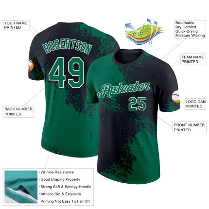 Custom Name & Number 3D Pattern Brush Stroke Performance T-Shirt - Kelly Green Black-White Design Personalized Kelly Green