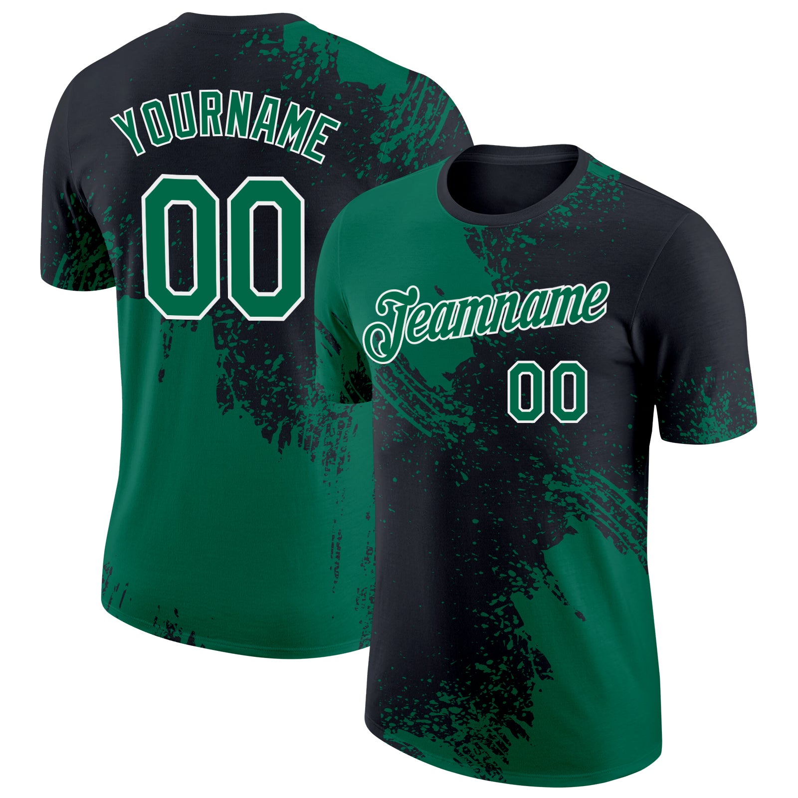 Custom Name & Number 3D Pattern Brush Stroke Performance T-Shirt - Kelly Green Black-White Design Personalized Kelly Green