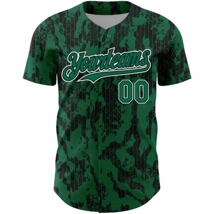 Customizable 3D Pattern Baseball Jersey in Kelly Green and Black-White with Abstract Design - Personalized Name and Number
