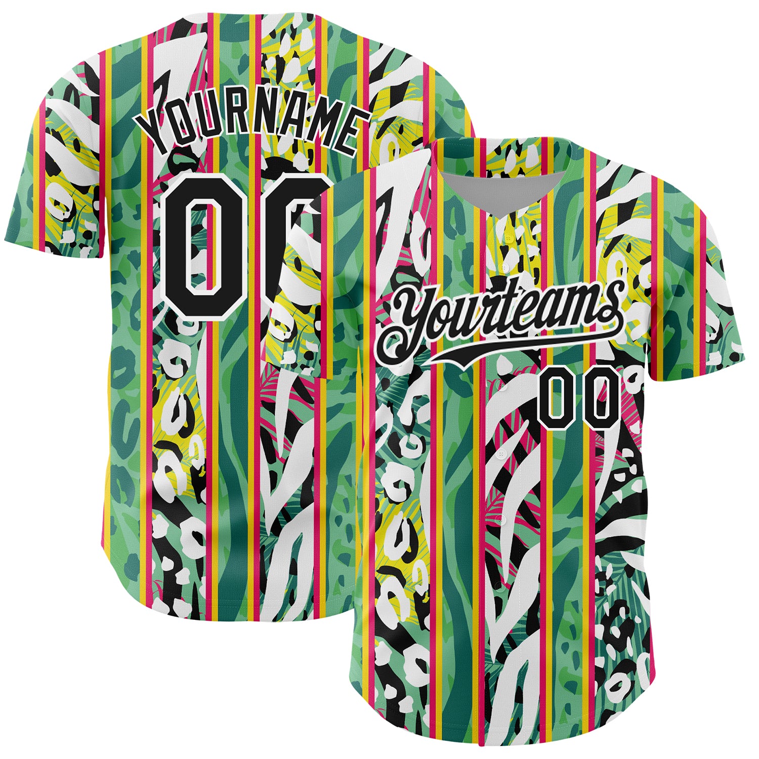 Custom Name Number Baseball Jersey Animal Fur Print 3D Pattern Kelly Green Black White with Leaves Personalized Kelly Green
