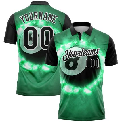 Custom Name Number 8 Ball Billiards Polo Shirt in Kelly Green Black White 3D Pattern - Performance Team Apparel Personalized