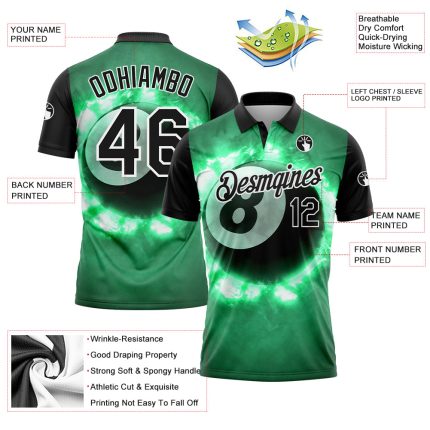 Custom Name Number 8 Ball Billiards Polo Shirt in Kelly Green Black White 3D Pattern - Performance Team Apparel Personalized