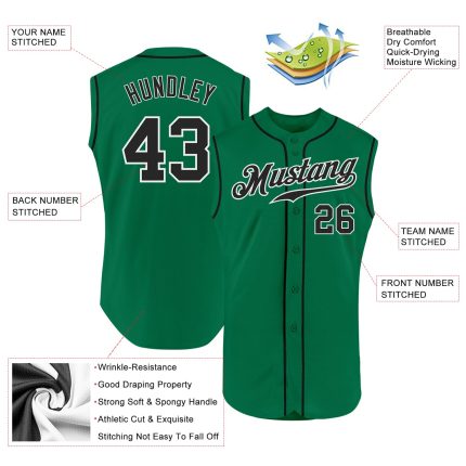 Custom Name and Number Baseball Jersey - Authentic Sleeveless Kelly Green Black-White Design Personalized Kelly Green Black-White