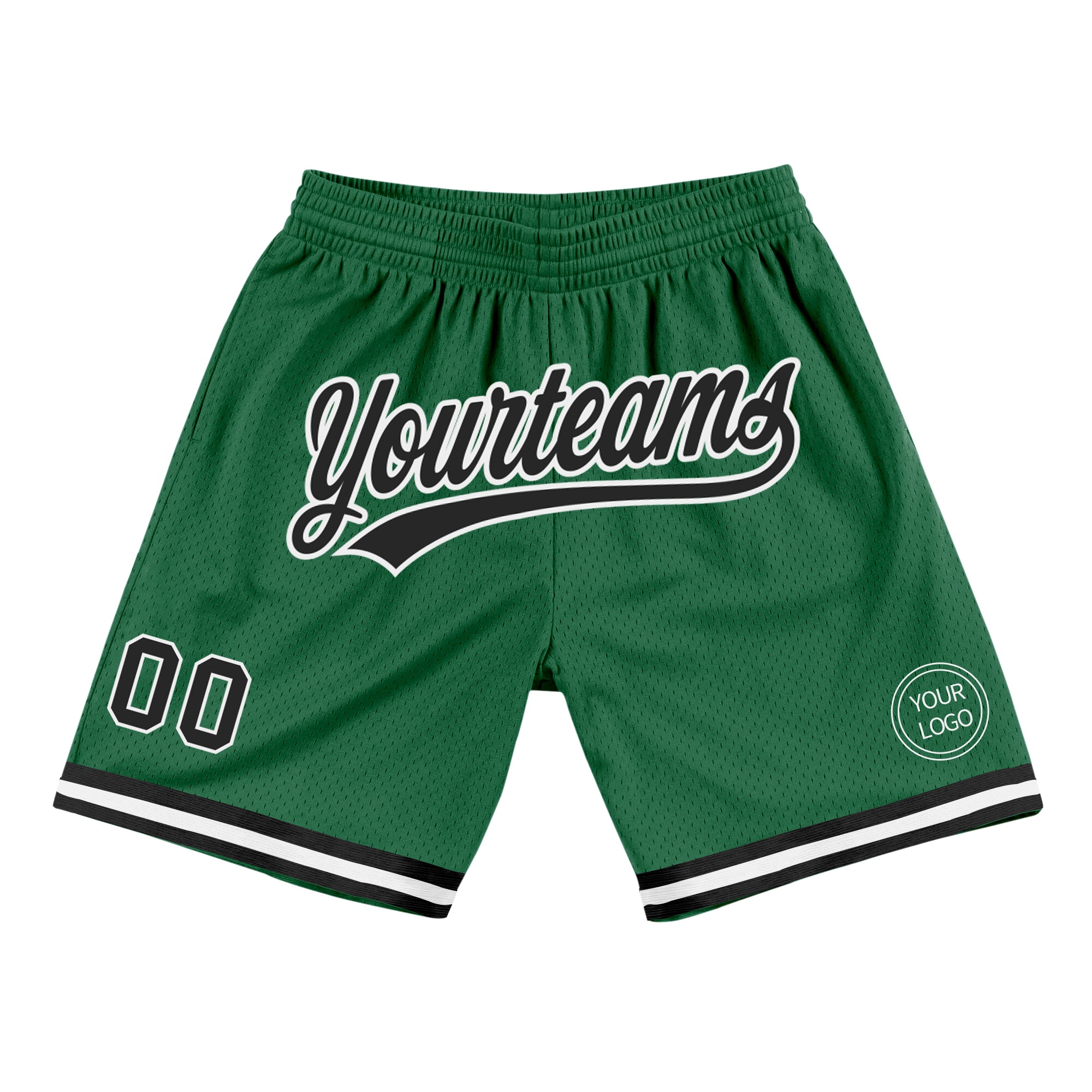 Personalized Kelly Green Black and White Basketball Shorts - Authentic Throwback Style Personalized Kelly Green Black-White
