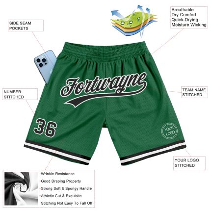 Personalized Kelly Green Black and White Basketball Shorts - Authentic Throwback Style Personalized Kelly Green Black-White