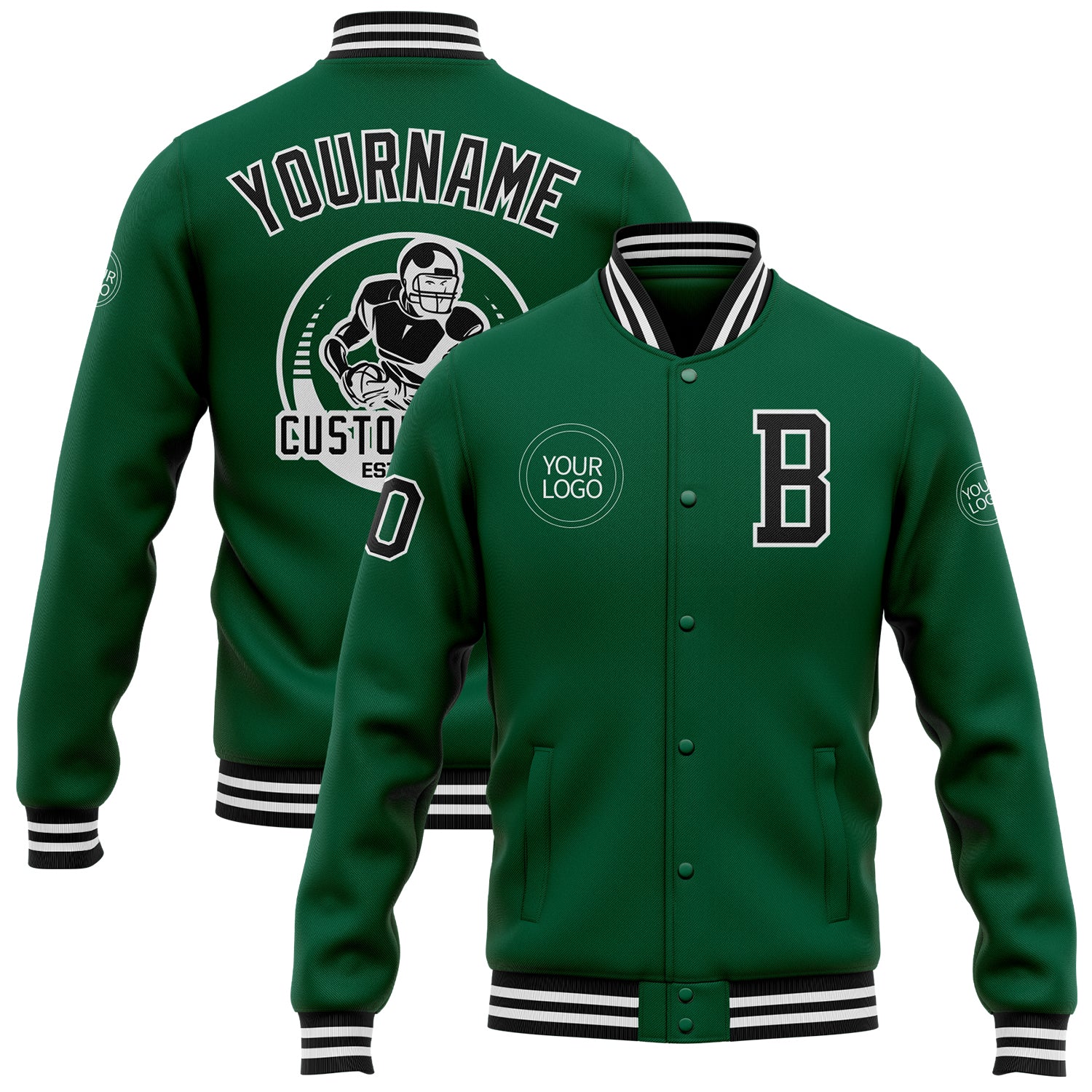Personalized Kelly Green Varsity Letterman Bomber Jacket Black-White Full Snap Personalized Kelly Green Black-White Bomber