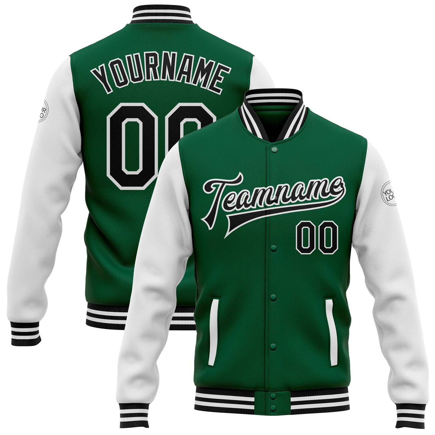 Personalized Kelly Green Two Tone Bomber Jacket - Black-White Full-Snap Varsity Letterman Style Personalized Kelly Green