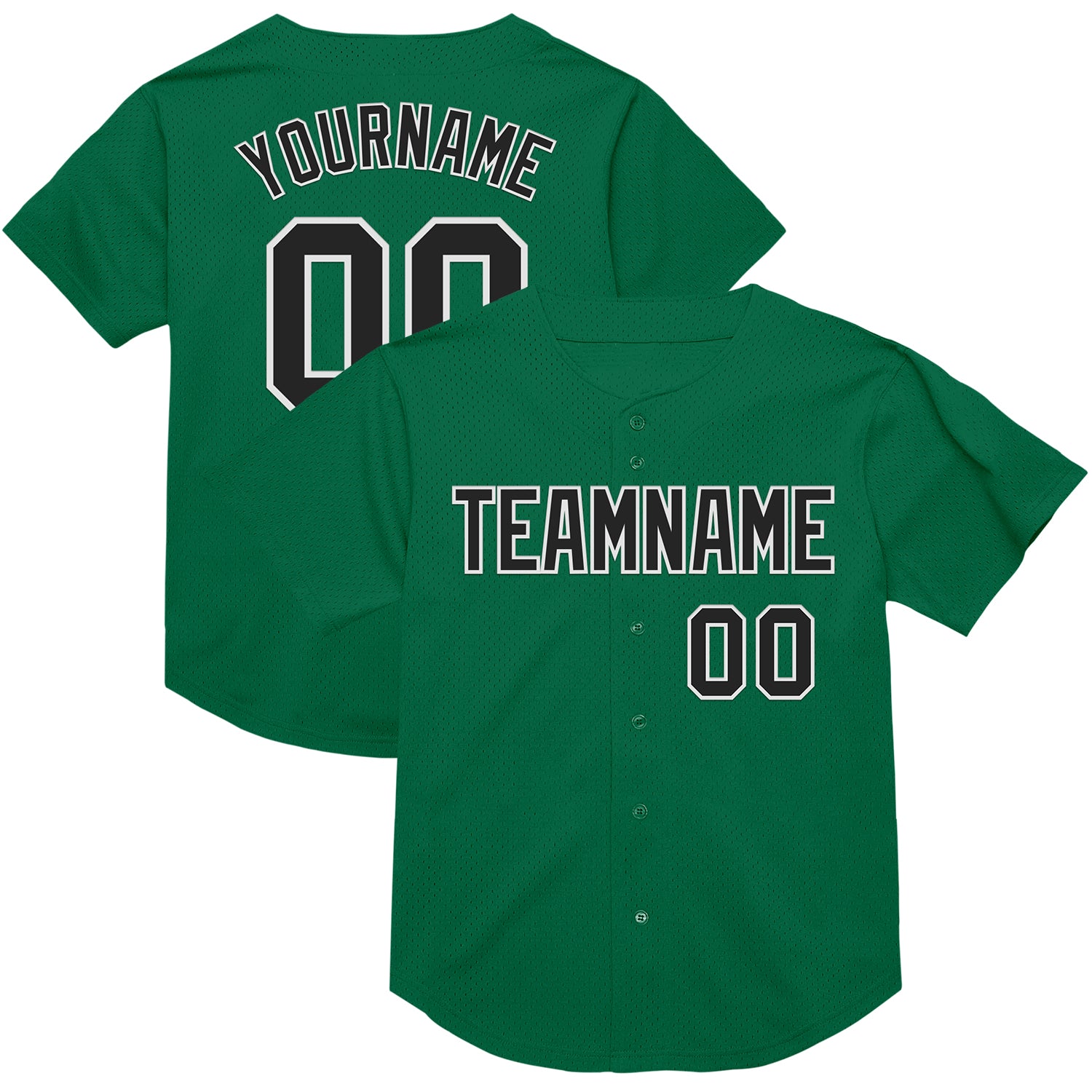 Personalized Kelly Green Baseball Jersey - Authentic Black and White Mesh Throwback Style Personalized Kelly Green Black-White