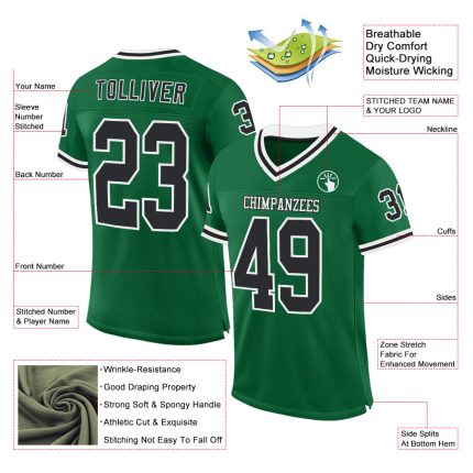 Custom Name Number Authentic Throwback Football Jersey - Personalized Kelly Green Black White Mesh Team Apparel Personalized