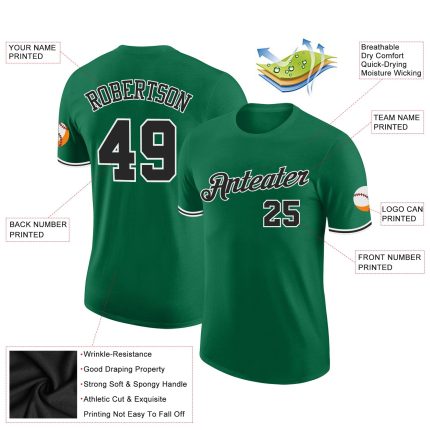Custom Team Performance T-Shirt with Name and Number in Kelly Green and Black-White Design Personalized Kelly Green Black-White