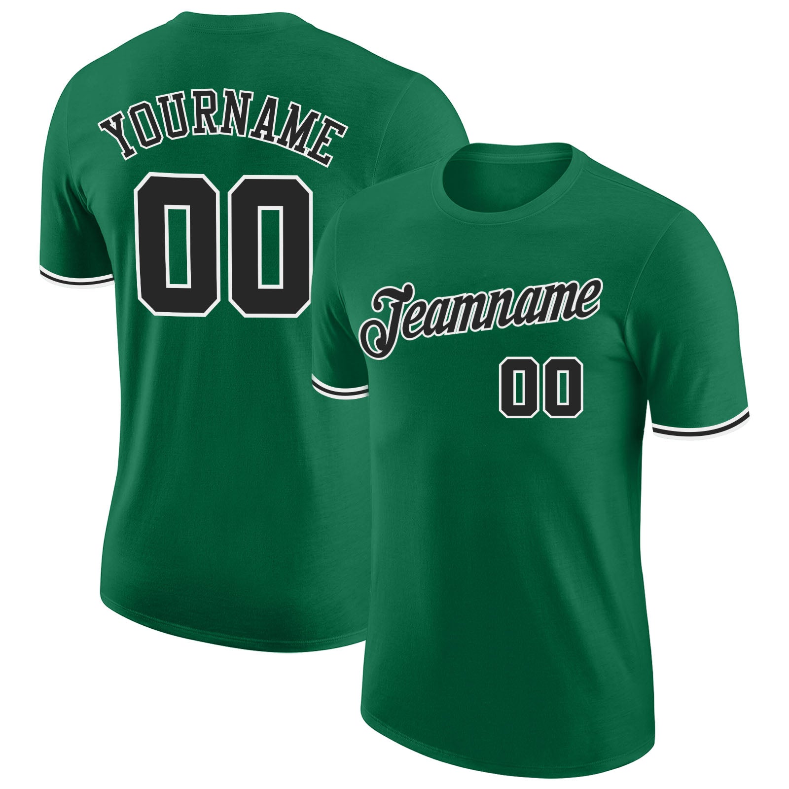 Custom Team Performance T-Shirt with Name and Number in Kelly Green and Black-White Design Personalized Kelly Green Black-White