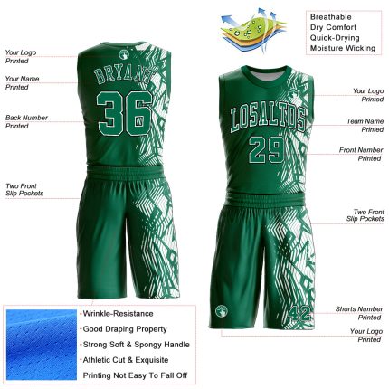 Personalized Basketball Jersey Suit in Kelly Green Black and White Round Neck Design - Sublimation Style Personalized Kelly