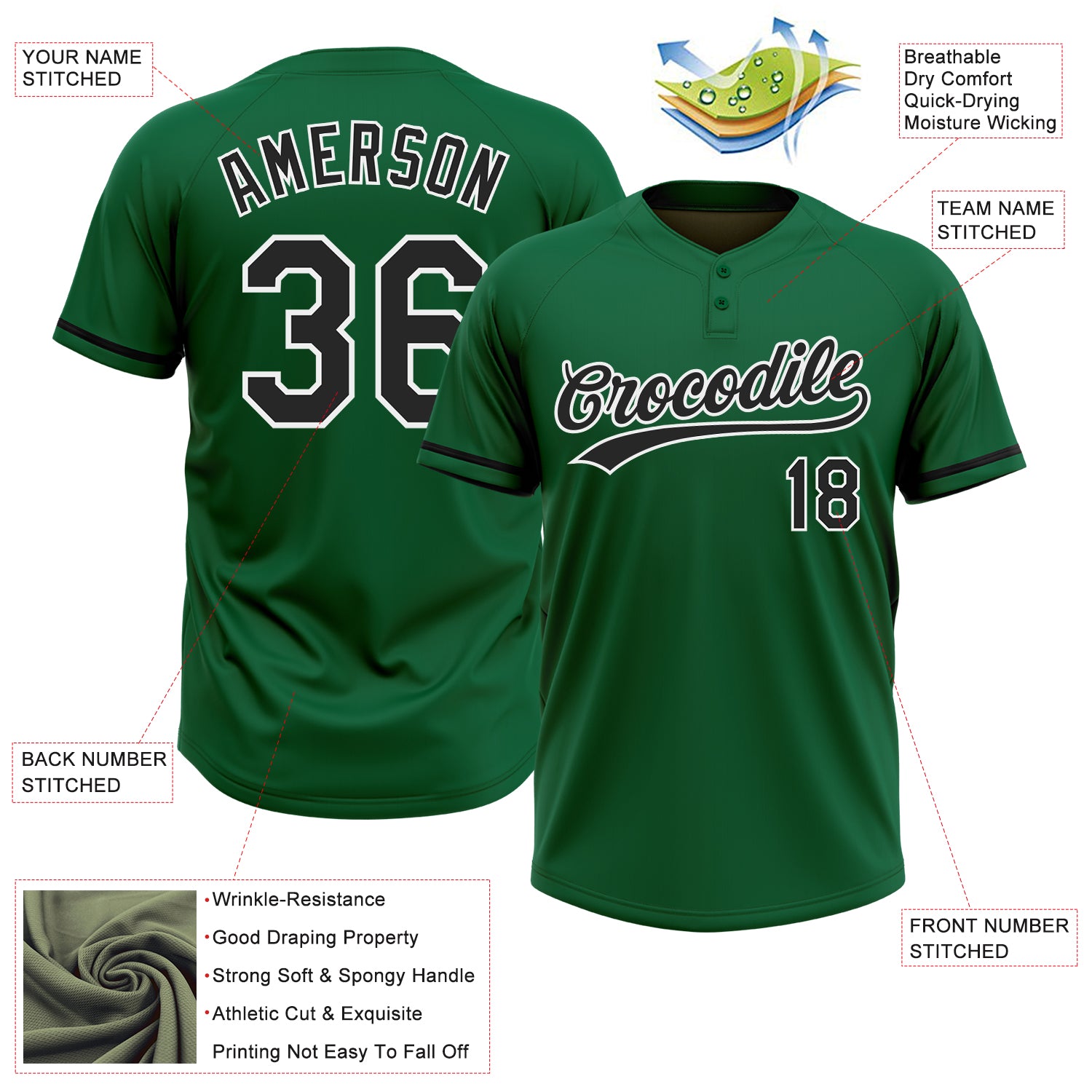 Personalized Kelly Green Black-White Two-Button Unisex Softball Jersey Personalized Unisex Softball Jersey - Black-White Two-Button in Kelly Green Personalized Kelly Green Black-White Two-Button - Image 3