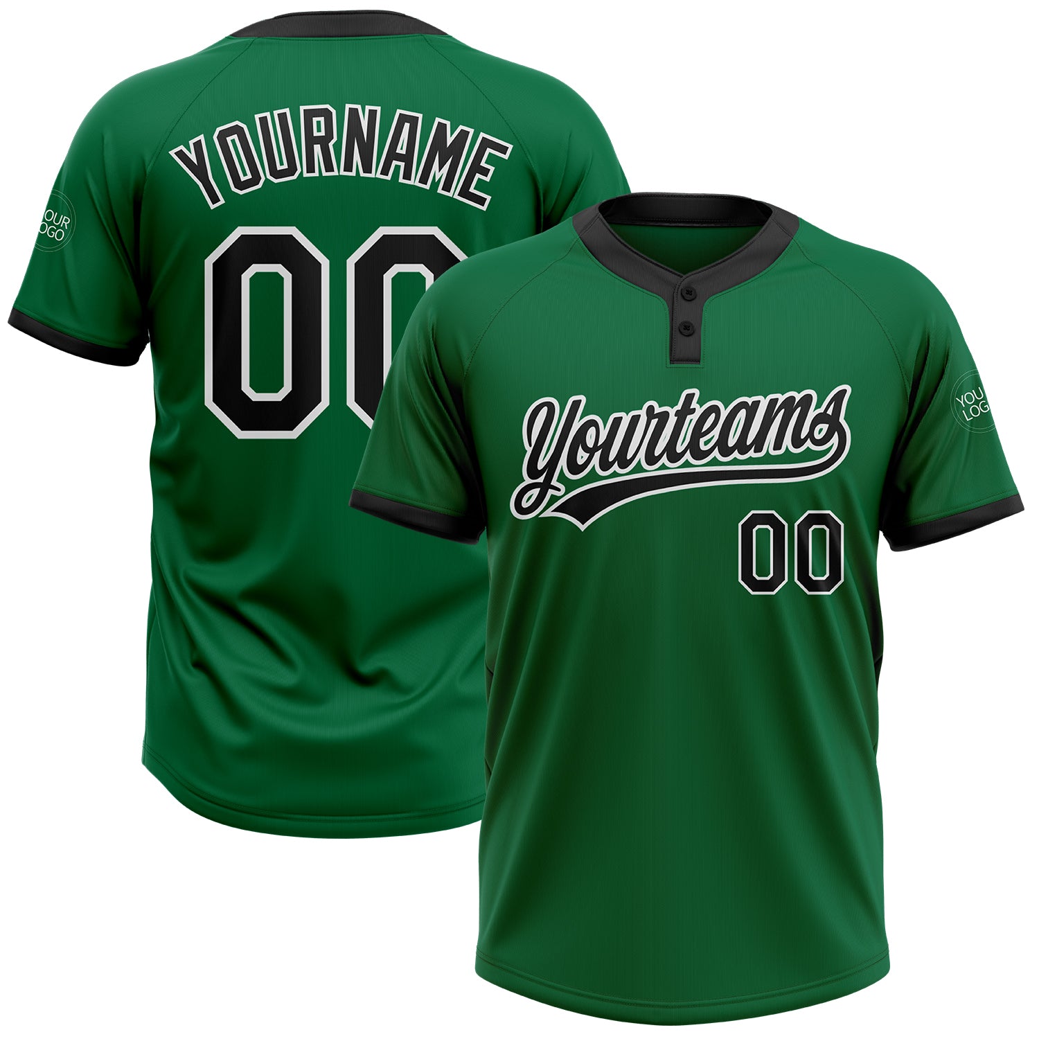Custom Name and Number Unisex Softball Jersey in Kelly Green with Black and White Two-Button Design Personalized Kelly Green