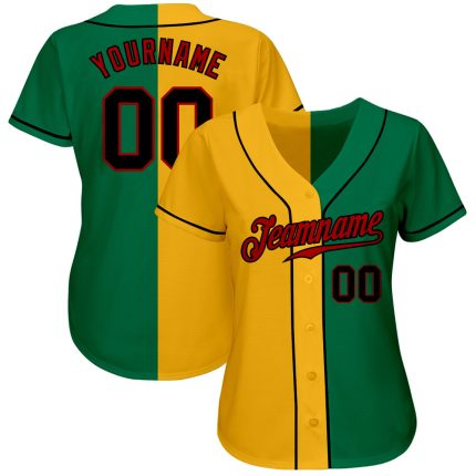 Personalized Authentic Baseball Jersey in Kelly Green and Black-Yellow Split Design Personalized Kelly Green Black-Yellow