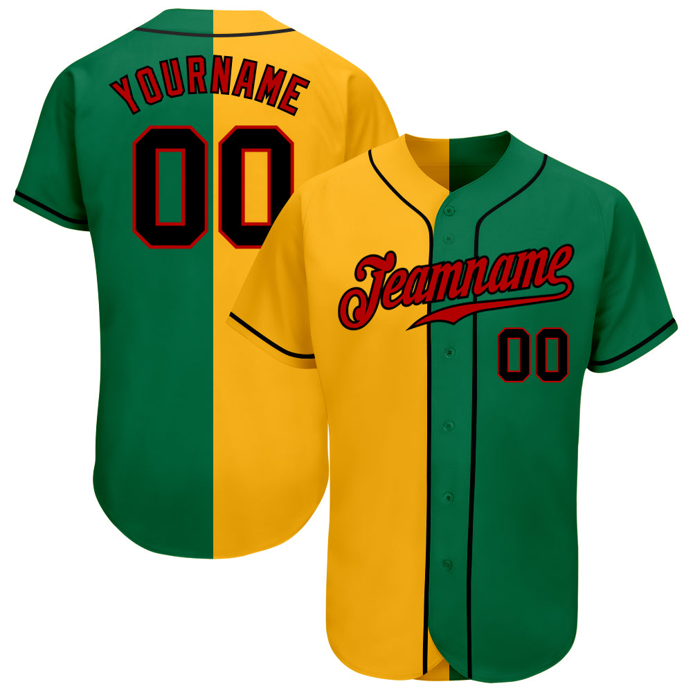 Personalized Authentic Baseball Jersey in Kelly Green and Black-Yellow Split Design Personalized Kelly Green Black-Yellow