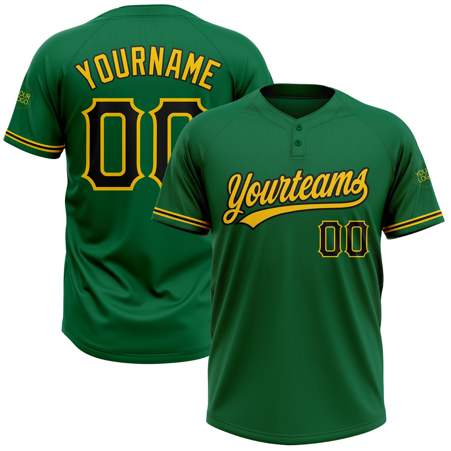 Custom Name and Number Unisex Softball Jersey in Kelly Green with Black-Yellow Two-Button Design Personalized Kelly Green