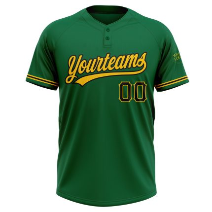 Custom Name and Number Unisex Softball Jersey in Kelly Green with Black-Yellow Two-Button Design Personalized Kelly Green