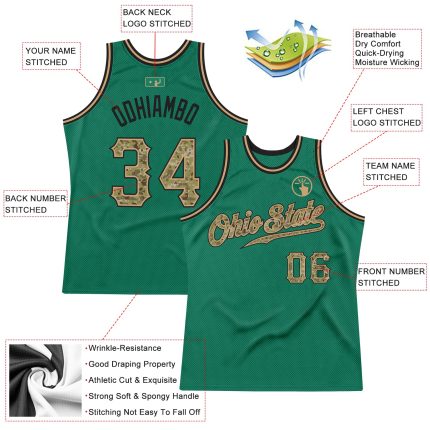 Custom Name and Number Personalized Kelly Green Camo Basketball Jersey - Authentic Throwback Style Personalized Kelly Green