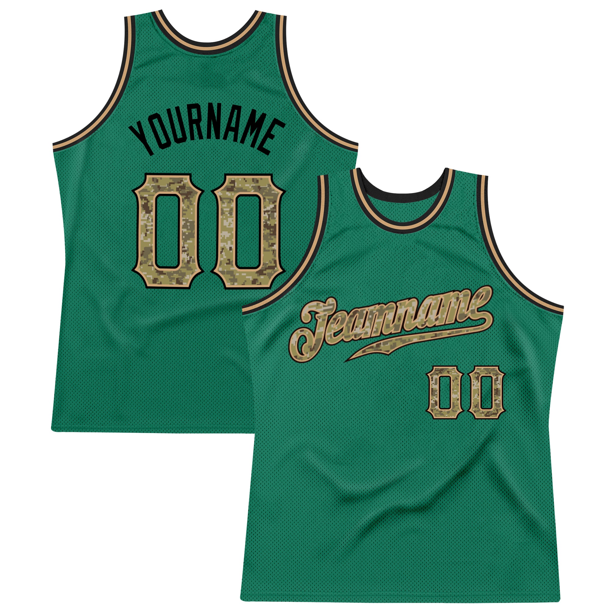 Custom Name and Number Personalized Kelly Green Camo Basketball Jersey - Authentic Throwback Style Personalized Kelly Green