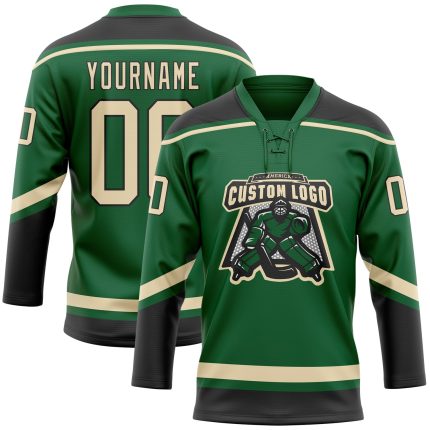 Custom Name and Number Personalized Kelly Green Cream-Black Hockey Lace Neck Jersey - Team Gear Personalized Kelly Green