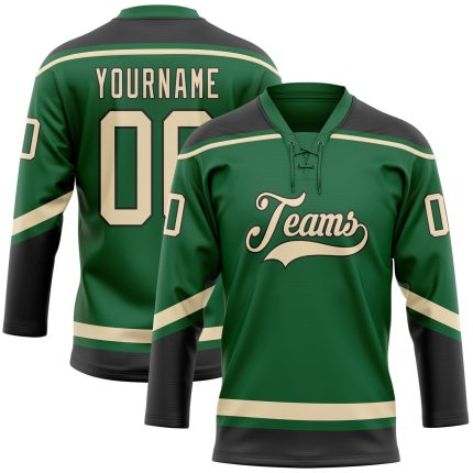 Custom Name and Number Personalized Kelly Green Cream-Black Hockey Lace Neck Jersey - Team Gear Personalized Kelly Green