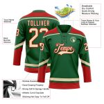 Custom Name & Number Hockey Lace Neck Jersey in Kelly Green City Cream-Red Personalized Kelly Green City Cream-Red Hockey
