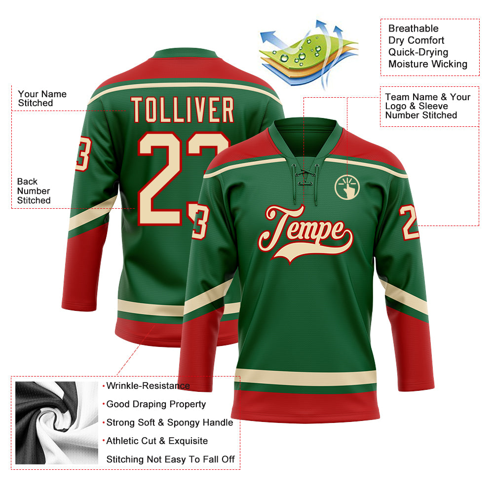 Personalized Kelly Green City Cream-Red Hockey Lace Neck Jersey Team Custom Name and Number Custom Name & Number Hockey Lace Neck Jersey in Kelly Green City Cream-Red Personalized Kelly Green City Cream-Red Hockey - Image 3