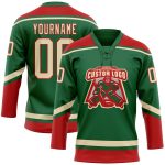 Custom Name & Number Hockey Lace Neck Jersey in Kelly Green City Cream-Red Personalized Kelly Green City Cream-Red Hockey