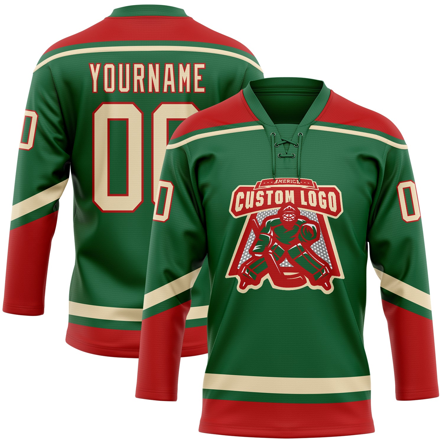Personalized Kelly Green City Cream-Red Hockey Lace Neck Jersey Team Custom Name and Number Custom Name & Number Hockey Lace Neck Jersey in Kelly Green City Cream-Red Personalized Kelly Green City Cream-Red Hockey - Image 2