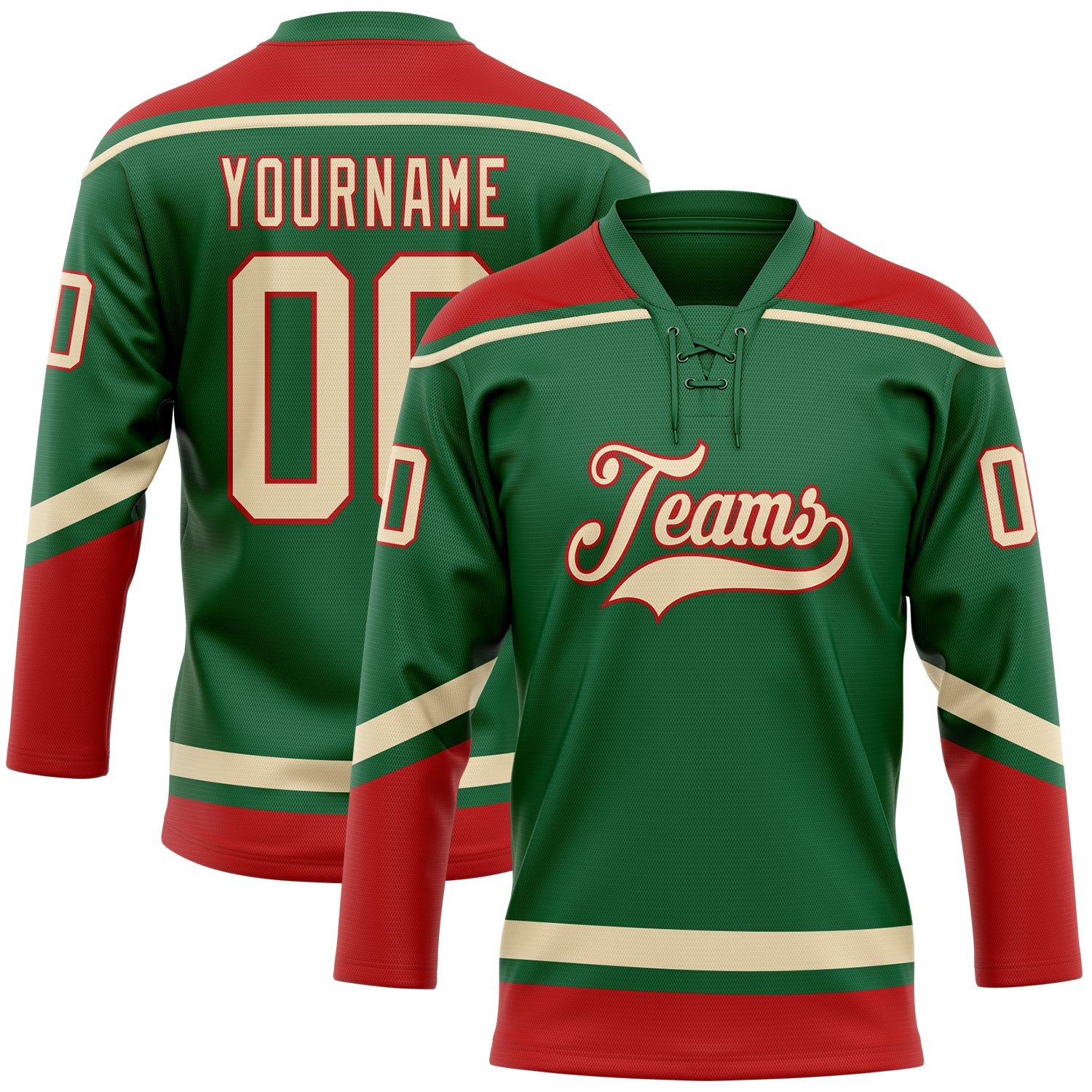 Custom Name & Number Hockey Lace Neck Jersey in Kelly Green City Cream-Red Personalized Kelly Green City Cream-Red Hockey