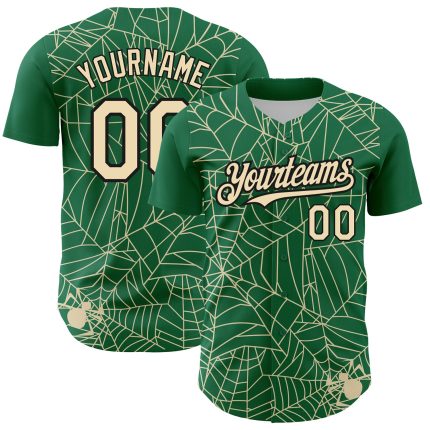 Custom Authentic Baseball Jersey with Spider Web 3D Pattern in Kelly Green Cream-Black | Personalized Name & Number Personalized
