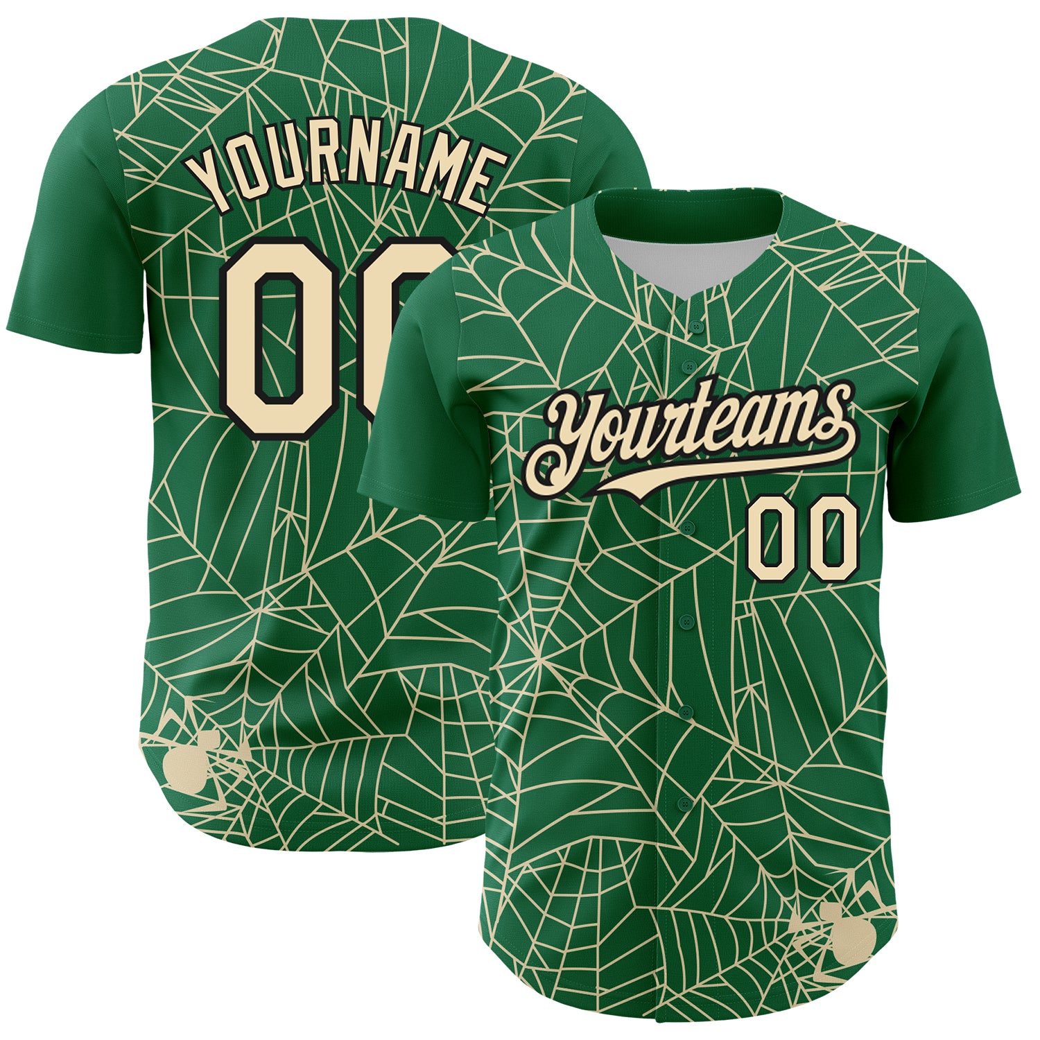 Custom Authentic Baseball Jersey with Spider Web 3D Pattern in Kelly Green Cream-Black | Personalized Name & Number Personalized